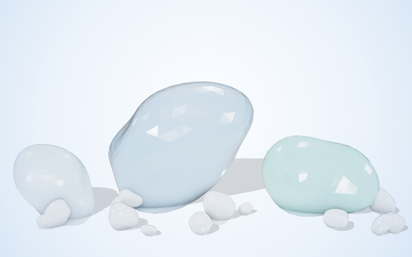 Illustrative render of translucent glass granules with soft blue highlights